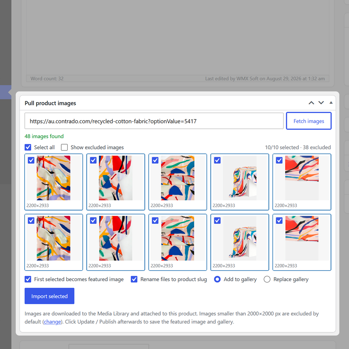The image picker grid, every tile ticked and labelled with its true pixel dimensions