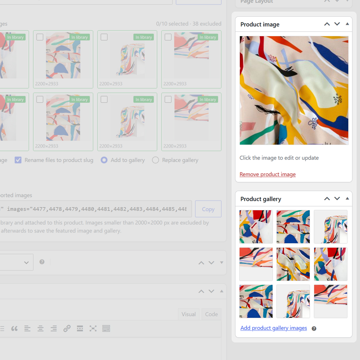 Imported images marked In library, with the product image and product gallery populated